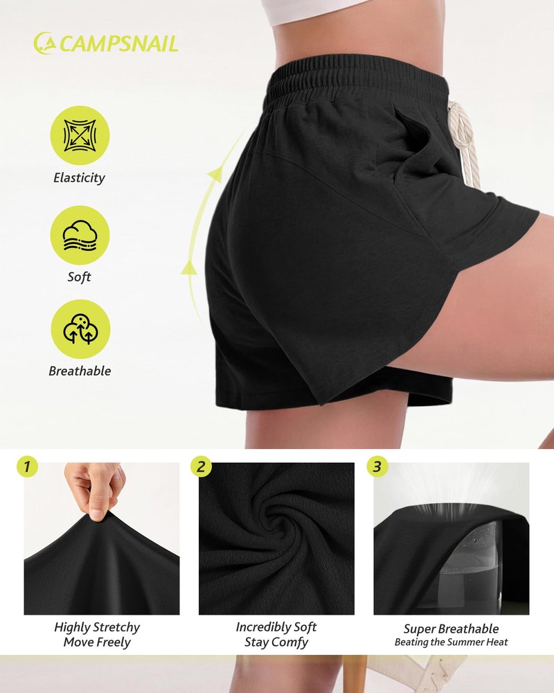 CAMPSNAIL Athletic Shorts for Women - Workout Casual High Waisted Black Sweat Shorts Comfy for Running Gym Lounge Summer