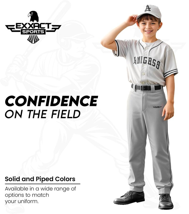 Exxact Sports Home Run Boys Baseball Pants with Piping - Full-Length, Semi-Relaxed Fit, Open-Bottom Youth Baseball Pants - (YM, Grey/Black Piping)