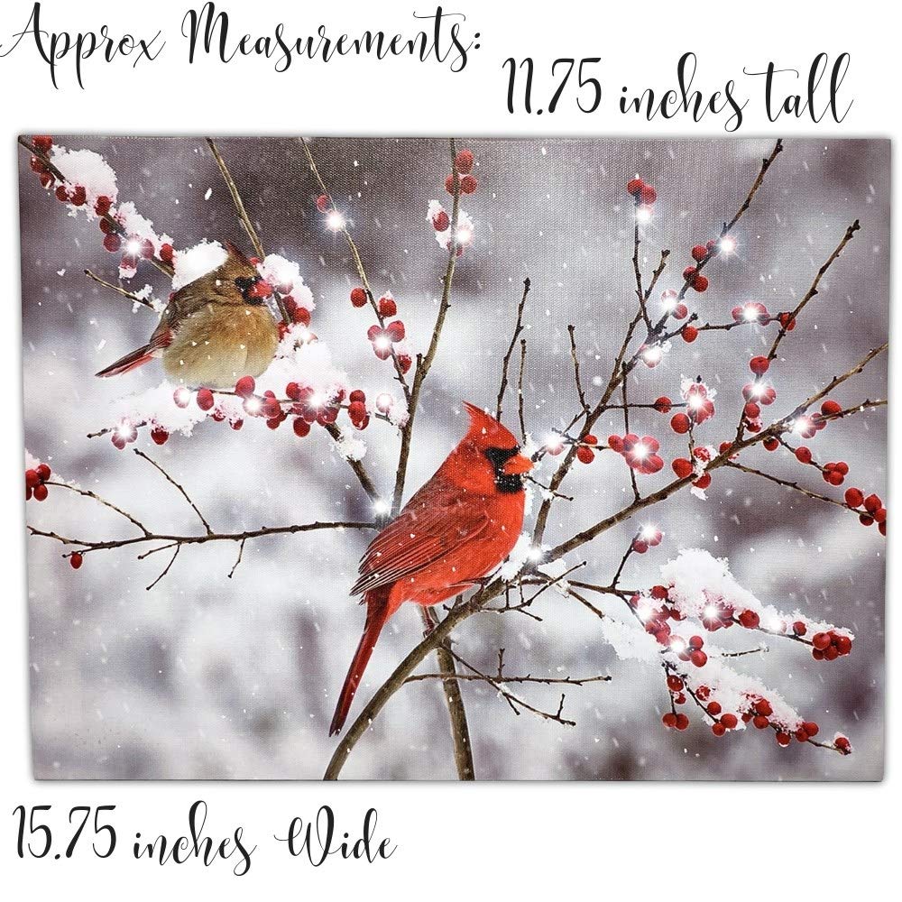 BANBERRY DESIGNS Lighted Cardinals in the Snow Canvas Print - LED Picture with Cardinal Couple and Holiday Berries - Measures 11.75" X 15.75"