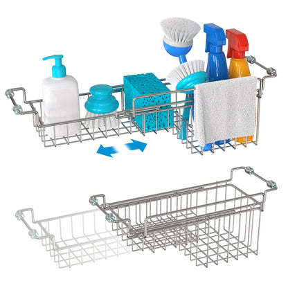 FavoThings Over The Kitchen Sink Caddy Sponge Holder Organizer Drying Rack Expandable for Sponge Brush Soap Dish Cloth Rag, Stainless Steel (12.25" to 17.25")