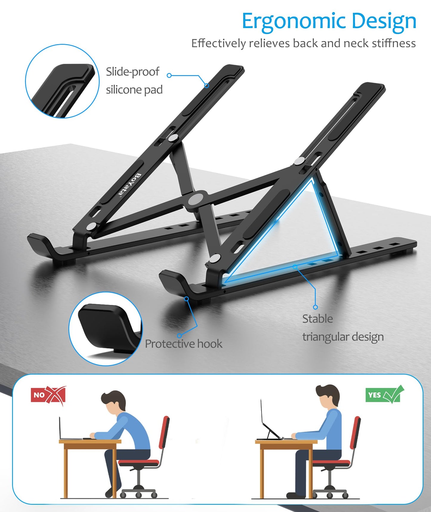 BoYata Laptop Stand, Portable Laptop Holder Computer Stand for Desk, Aluminum Foldable Laptop Riser with 6 Levels Height Adjustment, Compatible with MacBook, HP, Lenovo, Dell, 10-15.6" Laptops (Black)
