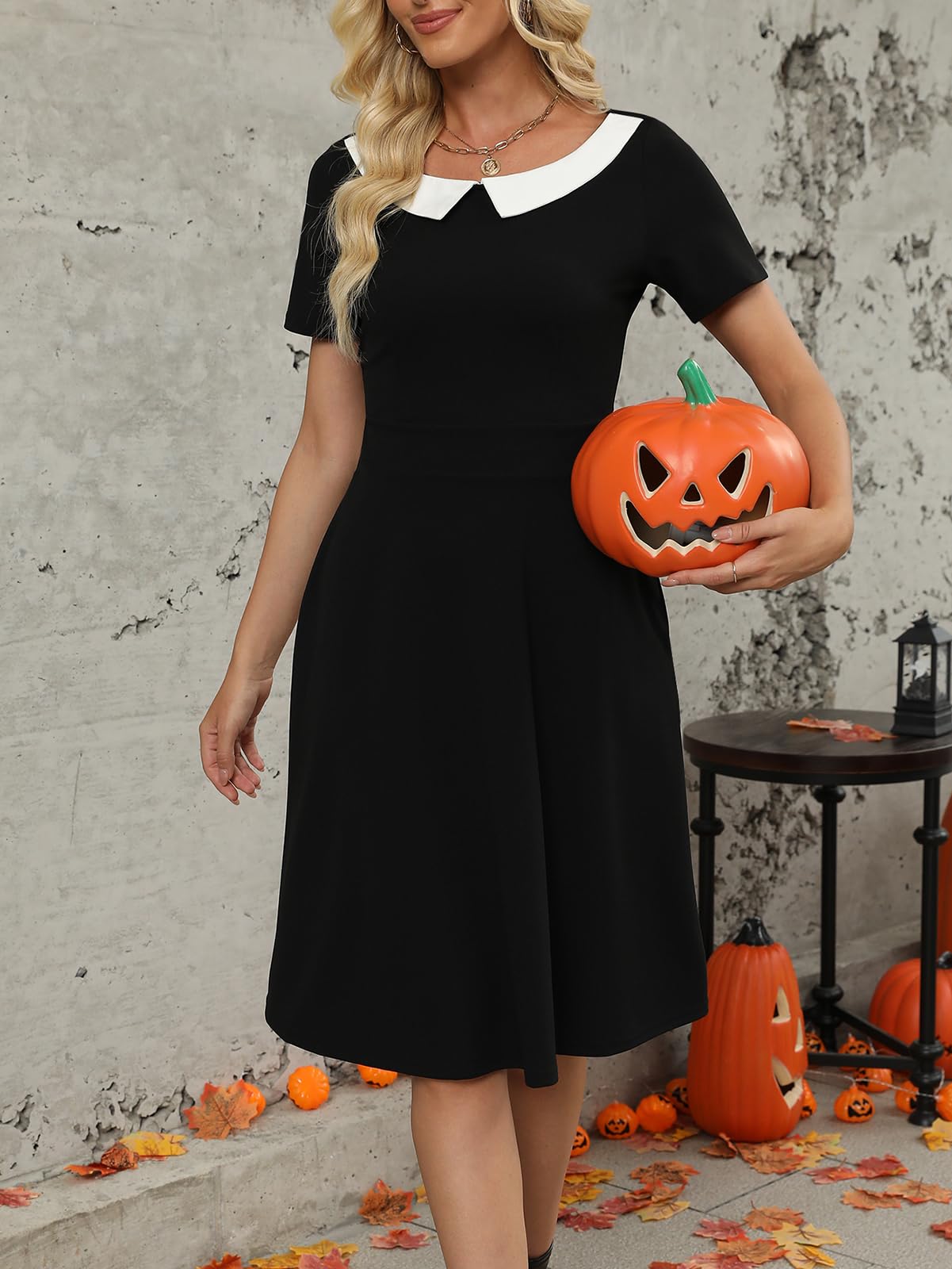 Halloween Dresses for Women Vintage Peter Pan Collar Work Elegant Fit and Flare Knee Length A Line Casual Party Dress with Pockets 978 (Black White, XL)