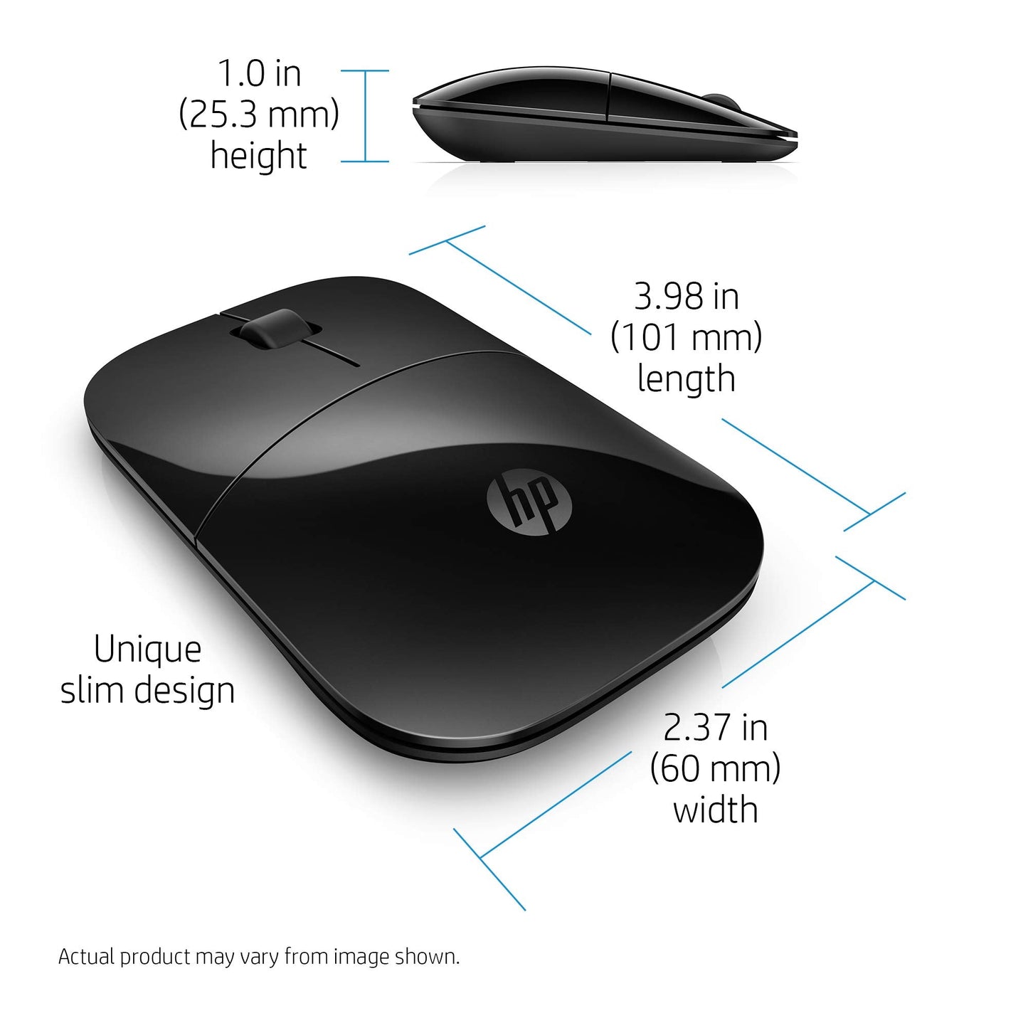 HP Wireless Mouse Z3700 (26V63AA#ABL, Black), Dimensions (mm) : 101 x 60 x 25.3