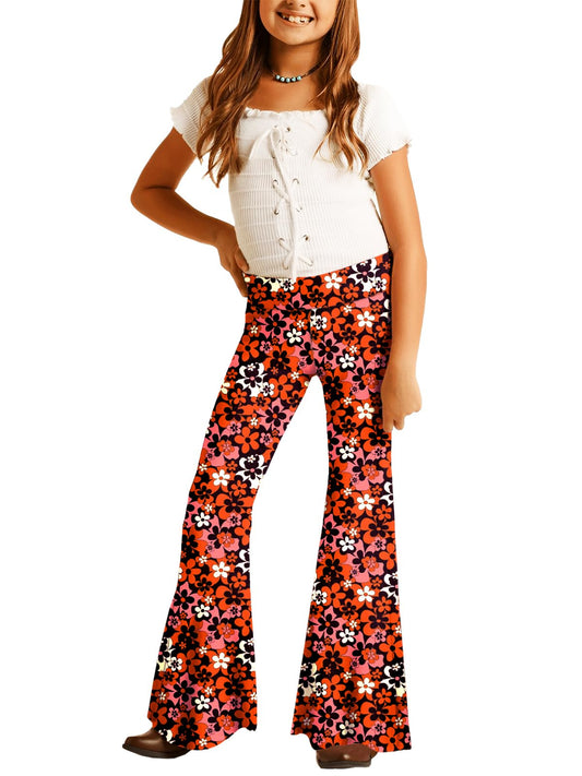 Deerose 70s Hippie Bell Bottom Girls Halloween Black Red Floral Flare Pants Party Palazzo Trouser 9-10 Years