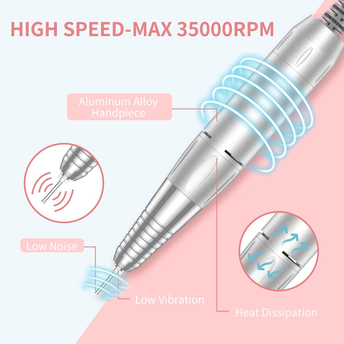 Portable Nail Drill Professional 35000 RPM, MOCOWIND Rechargeable Electric Nail File Machine E File for Acrylic Gel Polishing Removing, Cordless E-File with Bits Kit for Manicure Salon Home, Pink