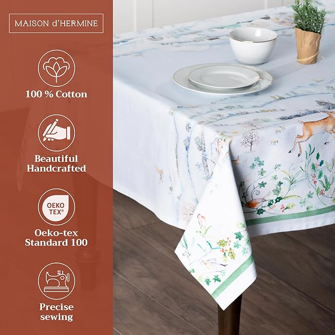 Maison d' Hermine Table Cloth Rectangle Table 100% Cotton 60 x 90 Inches Fall Tablecloth Reusable Everyday Use for Thanksgiving Christmas Decorations Dining Farmhouse Party (Snowy World)