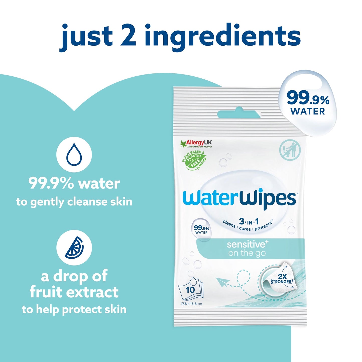 WaterWipes Sensitive+ On The Go Wipes, 100 Count (10 Packs), 3-In-1 Cleans, Cares, Protects, 99.9% Water, Unscented Wet Wipes