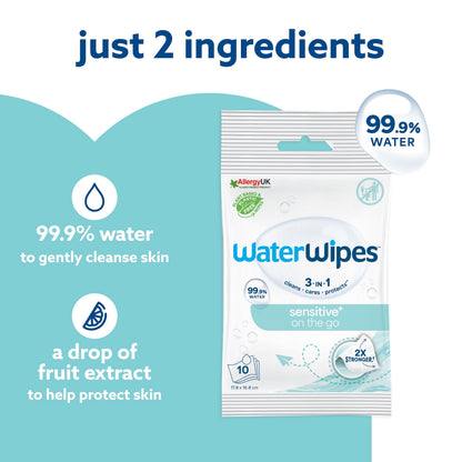 WaterWipes Sensitive+ On The Go Wipes, 100 Count (10 Packs), 3-In-1 Cleans, Cares, Protects, 99.9% Water, Unscented Wet Wipes