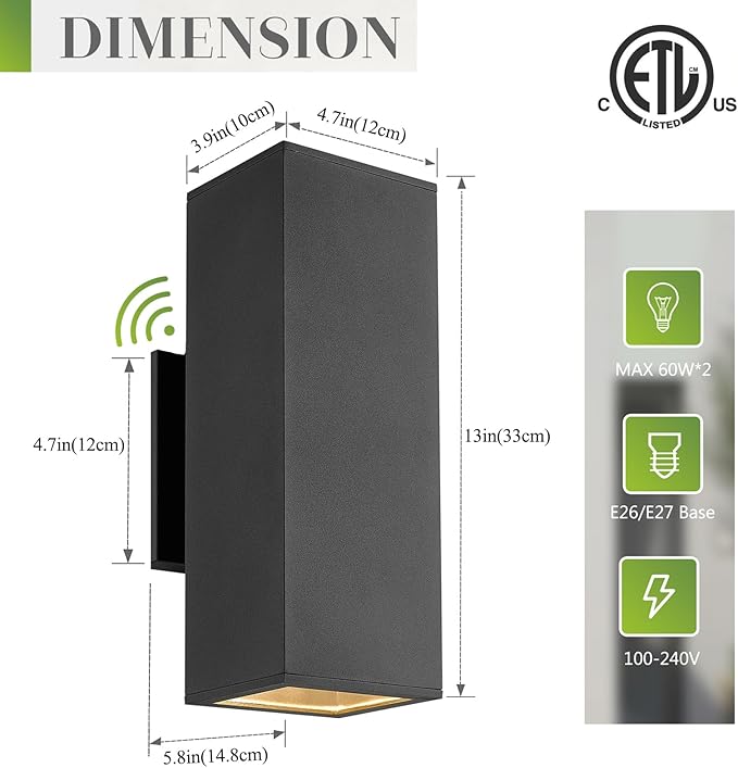 Outdoor Wall Light, Dusk to Dawn Porch Light, 13" Waterproof Black Outside Lights Modern, Large Up Down Exterior Lighting Fixtures for Patio, Garage, Doorway