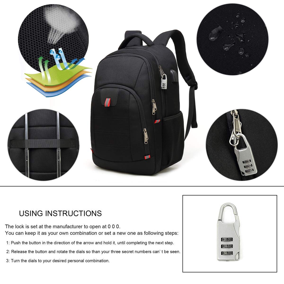 Della Gao Laptop Backpack, Extra Large Anti-Theft Business Travel Laptop Backpack Bag with USB Charging Port, Fit 17 Inch Laptop, Black