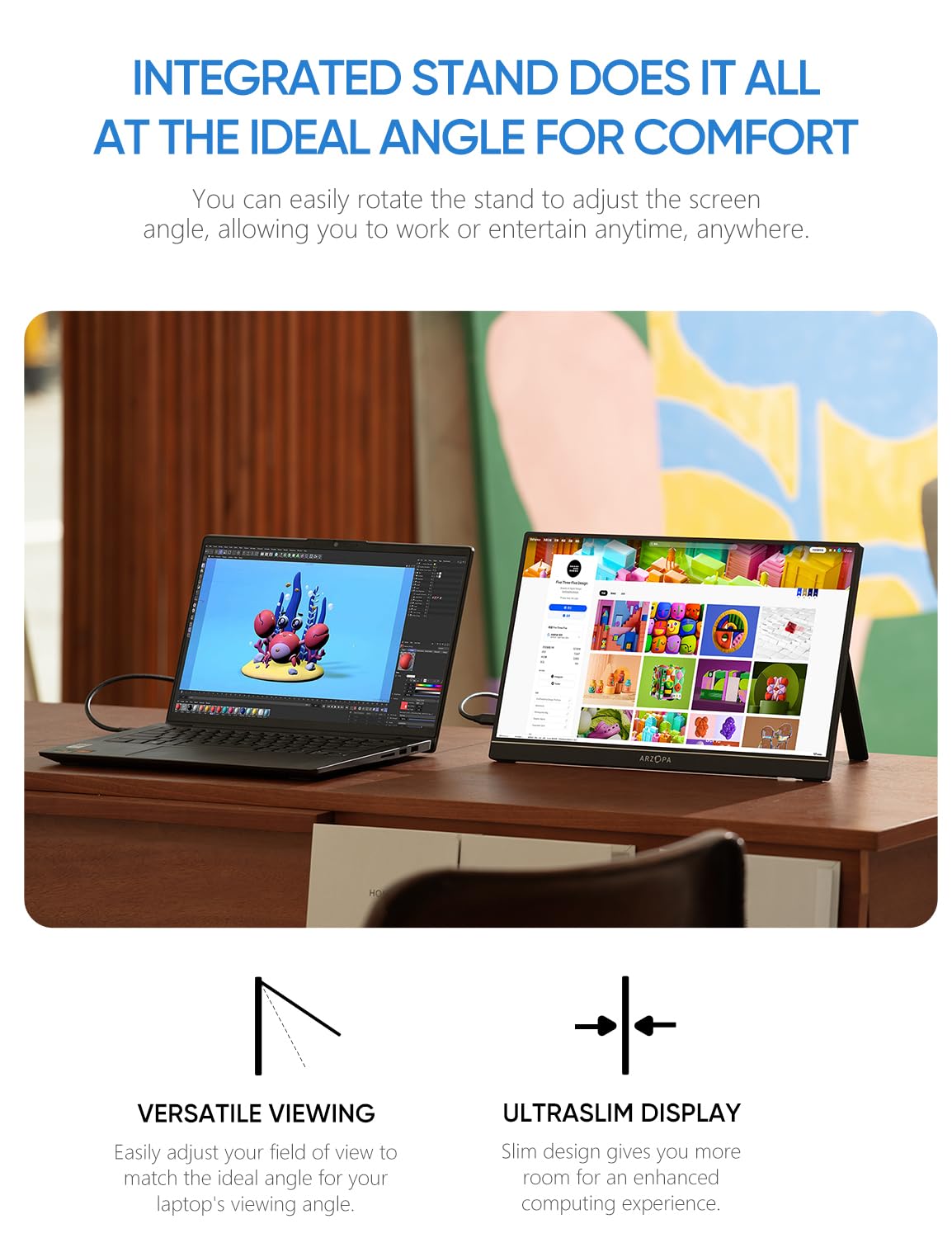 ARZOPA Portable Monitor, 15.6" 1920×1080 FHD IPS Portable Monitor for Laptop with Kickstand, Ultra-Slim Second Screen for Laptop/PC/Mac/PS3/4/5/Xbox - USB C & HDMI Connectivity - A1