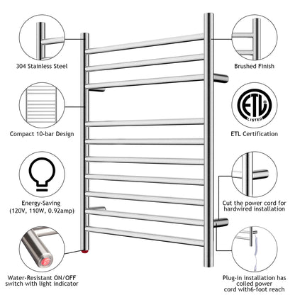 HEATGENE Towel Warmer Wall-Mounted Hardwired Heated Towel Rack Hot Towel Bar Brushed