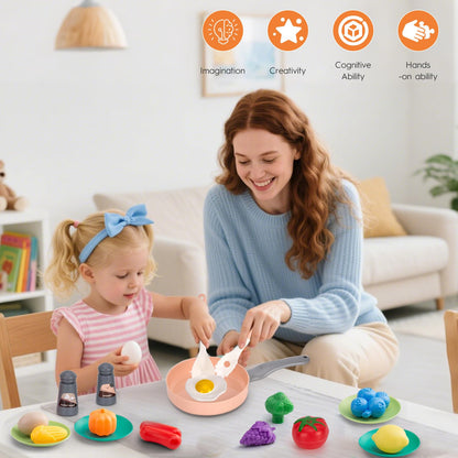 35Pcs Kids Kitchen Toy Accessories, Toddler Pretend Cooking Playset with Play Pots, Pans, Utensils, Cookware, Play Food Set, Toy Vegetables, Learning Gift for Girls & Boys (Pink)