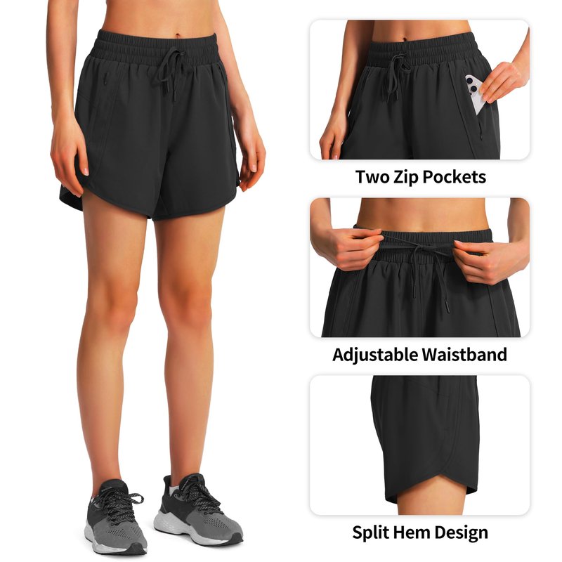 Ksmien Women's 5"/ 7" Athletic Running Shorts Quick Dry Lightweight Workout Gym Shorts with Zipper Pockets UPF 50+ Black M