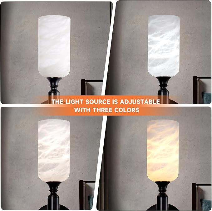 Alabaster Wall Sconce, 22in Modern Spanish Natural Marble Bathroom Vanity Sconces, Unique Indoor Black Wall Lighting Fixtures Decor for Bedroom Living Room Staircases