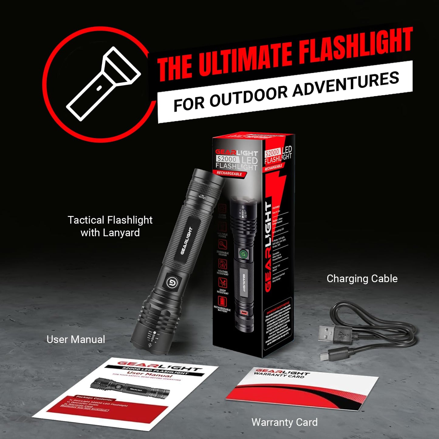 GearLight S2000 LED Rechargeable Flashlight High Lumens - Super Bright, Powerful, Mid-Size Tactical Flashlight for Outdoor Activity & Emergency Use