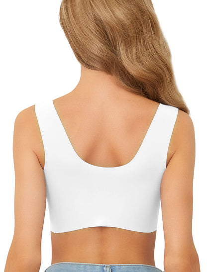 GREENBAA Front Closure Lace Bras for Women Posture Smooth Back Wirefree Bra Seamless Brassiere (White, XL)