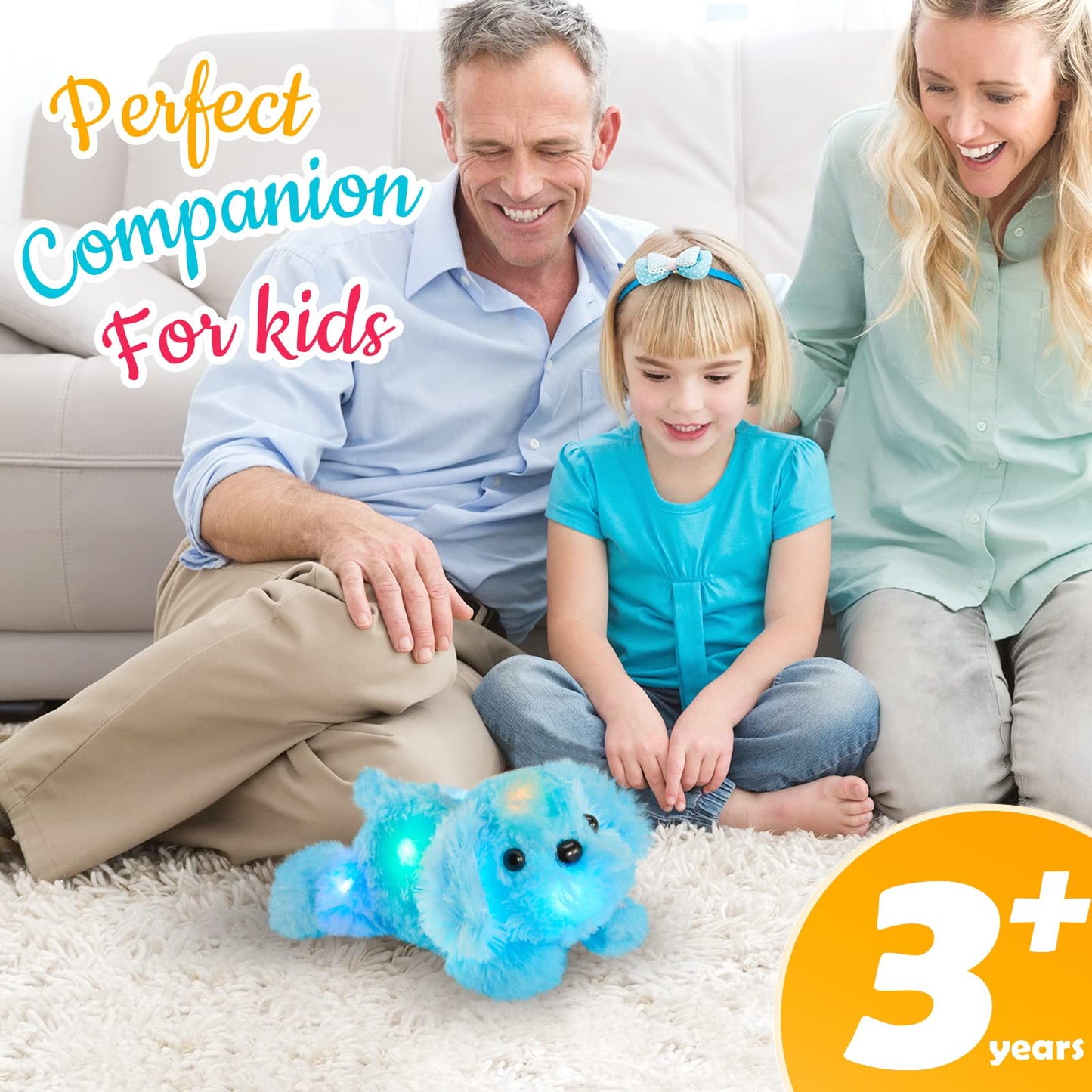 WEWILL 10'' Light up Blue Puppy Dog LED Stuffed Animal with Colorful Night Light Glow Soft Plush Toy Gifts for Kids on Christmas Birthday