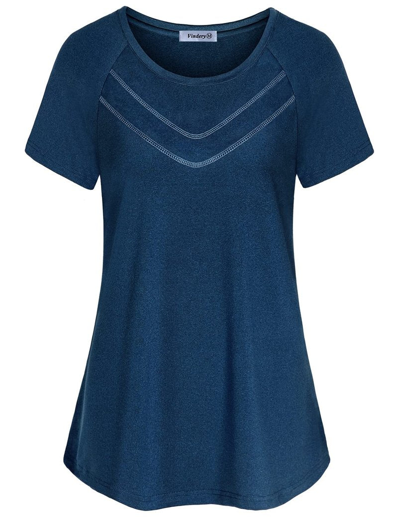 Vldnery Sweat Wicking Workout Tops for Women Short Sleeve Yoga Activewear Running Shirts Gym Athletic T-Shirts Crewneck Sports Clothes, Dark Blue Large