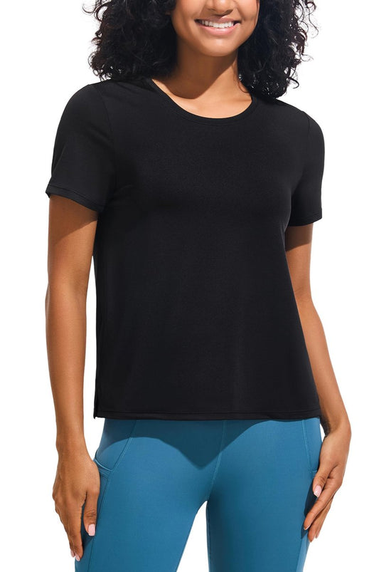 Workout Tops for Women Yoga Athletic Gym Shirts Loose Fit Short Sleeve Active Tee Tops Black