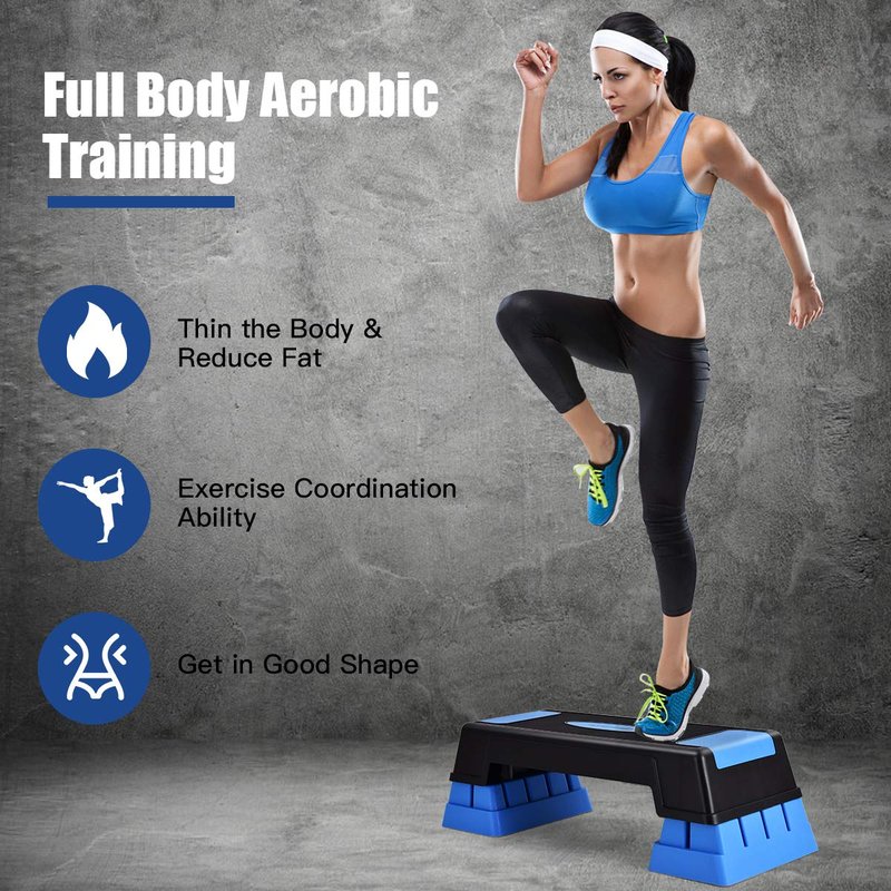 Goplus 30'' Aerobic Stepper with Risers, 5” 7” 9” Levels Height Adjustable, Workout Fitness Exercise Step Platform Trainer with Non-Slip Foot Pads, for Home/Gym (Blue)