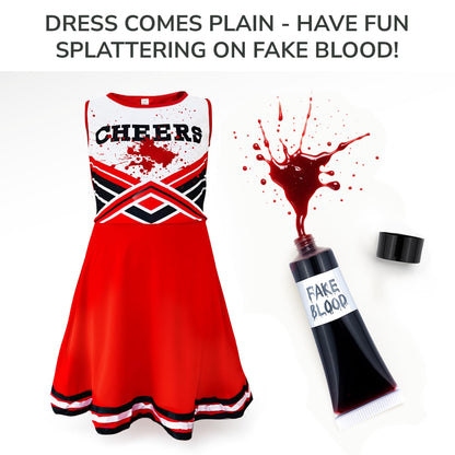 Zombie Cheerleader Halloween Costume for Kids Ages 7-9, Zombie Fancy Dress Outfit for Girls with Pom Poms, Tights, Red High School Cheerleader Costume and Fake Blood, Easy Halloween Kids Dress Up Pack