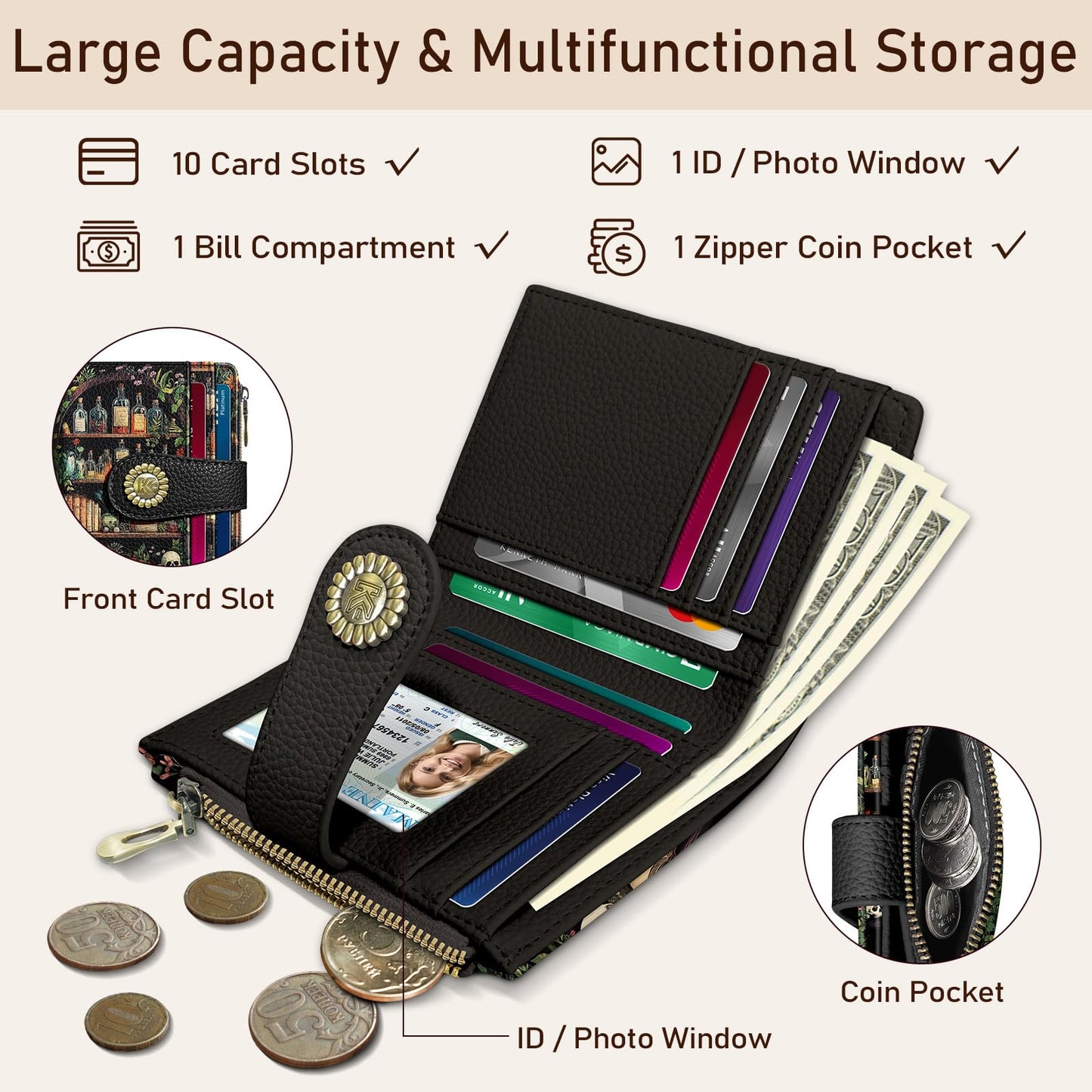 Kelvoris Bookshelves Skull Goth Gothic Small Rfid Women Wallet Bifold Zipper Coin Pocket PU Leather Compact Cash Credit Card Holder Travel Wallet Female Ladies Teen Girls 1 ID Window 10 Card Slots