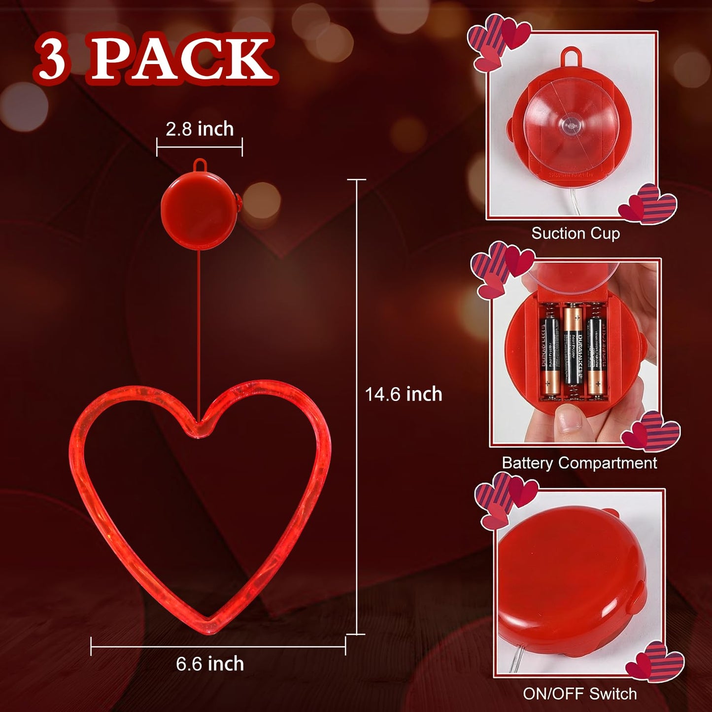 LOLStar Valentines Day Window Lights Decor with Timer, 3 Pack Battery Operated Red Heart-Shaped Window Decorations Silhouette Sucker LED Lamp Slow Fade Mode Romantic Light for 2026 Holiday Indoor Home