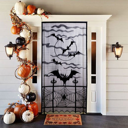 AerWo Halloween Curtains, 2PCS Spider Web Bats Curtains, Black Lace Door Curtain Panel Decor for Halloween Window Decorations, 40 x 84 Inch