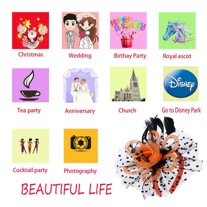 AGITATESAND Orange and Black LED Light up Fascinator Headwear Feather Mesh Tea Party Headband Halloween Fascinator Hats for Women Lighting Hairbands