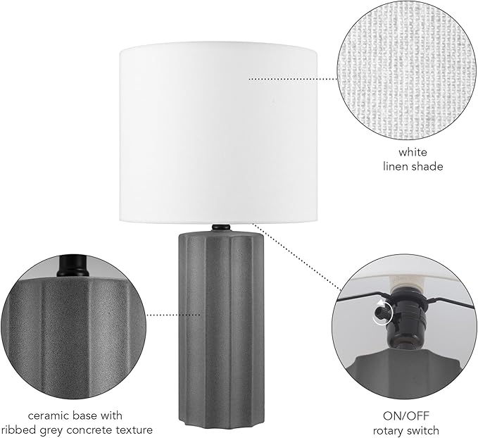 GLOBE Electric 61000061 20" Ribbed Ceramic Table Lamp, Dark Gray Concrete Finish, White Linen Shade, On/Off Rotary Switch on Socket, for Living Room, Bedroom, Office, Home Décor