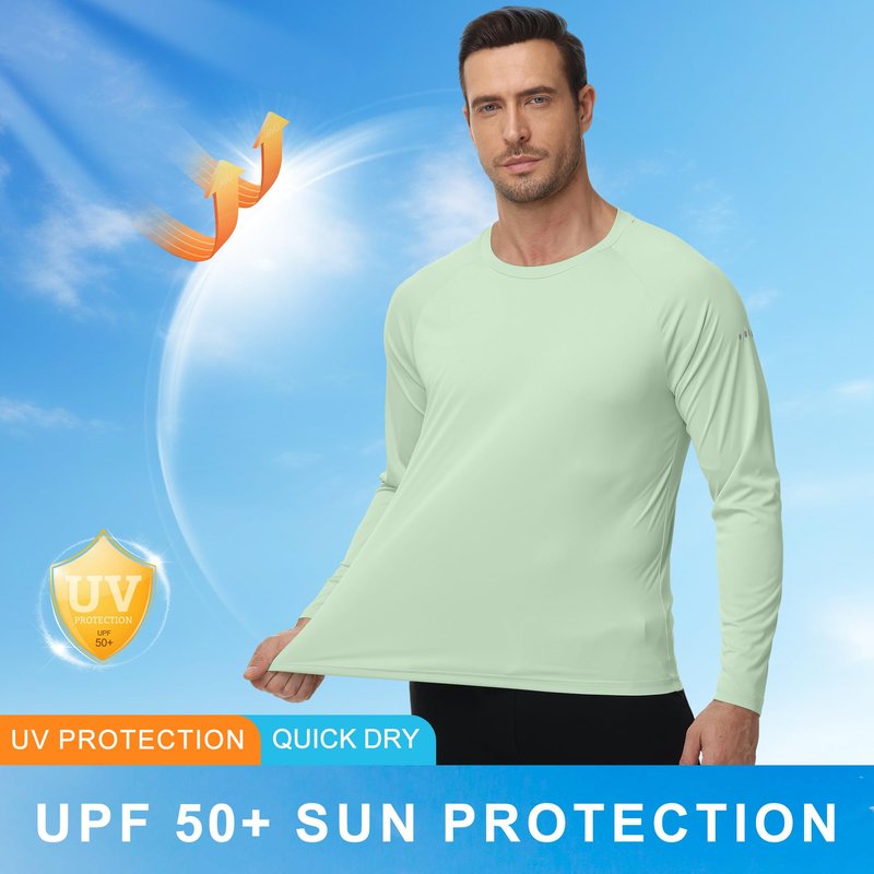 Men's Long Sleeve Rash Guard Swim Shirts UPF 50+ Sun Protection Dry Fit T-Shirt Athletic Tops for Running Hiking Fishing Light Green M