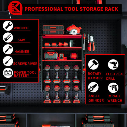 KAFAHOM Power Tool Organizer, Large 8 Drill Holder Wall Mount with 2 Side Pegboards,5 Layer Heavy Duty Metal Tool Storage Rack, Tool Shelf for Garage Organization, Utility Battery Shelves - Red