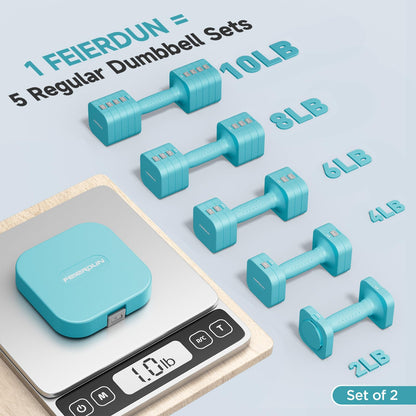 FEIERDUN Adjustable Dumbbell Set of 2, Each 2/4/6/8/10 lbs Weight for Women, Quick Adjust Weight, Double Locking Protection, Versatile Hand Weights for Home Gym & Outdoor Exercise