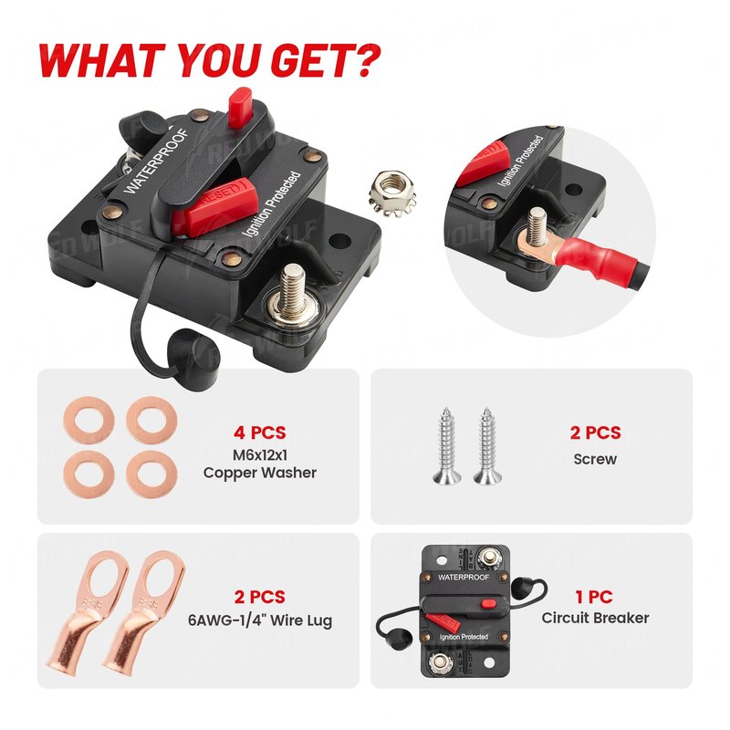RED WOLF 60 Amp Circuit Breaker W/Ring Terminal 6 Gauge Connector Manual Reset Switch for Boat Trolling Motor Marine ATV Trailer Vehicles Stereo Audio Electronic Battery Solar System Inline Fuse