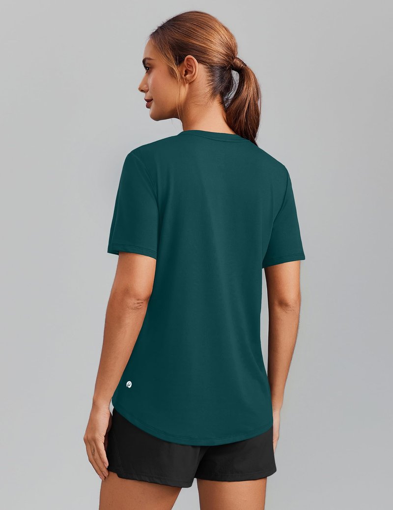 PINSPARK Cooling Shirts for Women Short Sleeve V Neck Moisture Wicking Workout Tops Quick Dry Breathable Athletic Gym T-Shirts,Dark Teal Medium