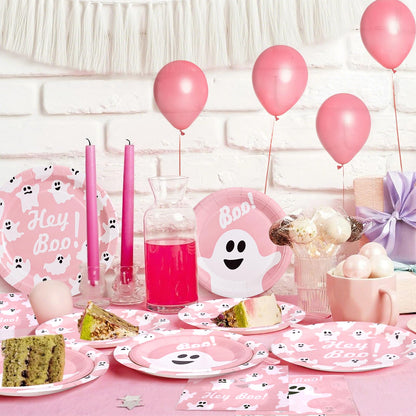 Osonm 180Pcs Halloween Party Supplies Serve 60,Pink Ghost Paper Plates and Napkins Disposable Dinnerware Kit,for Trick or Treat Birthday Party Decorative
