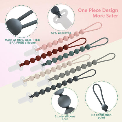 6-Pack Silicone Pacifier Clips for Babies, Safe Teething Beads, Rust-Free Holders, Baby Boy and Girl Essentials, Newborn Must-Have Accessories, BPA-Free