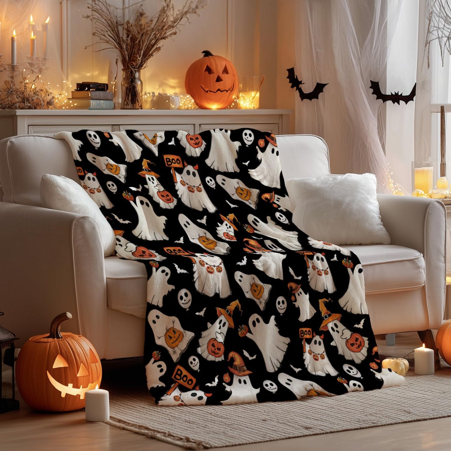 Horaldaily Halloween Flannel Blanket Throw, Ghost Boo Jack-O-Lantern Pumpkin Skulls Soft Fuzzy Plush Cozy Fleece Blankets for Couch Sofa Bed Lounging, Ideal Gifts for Kids Adults Wife Self, 50x60