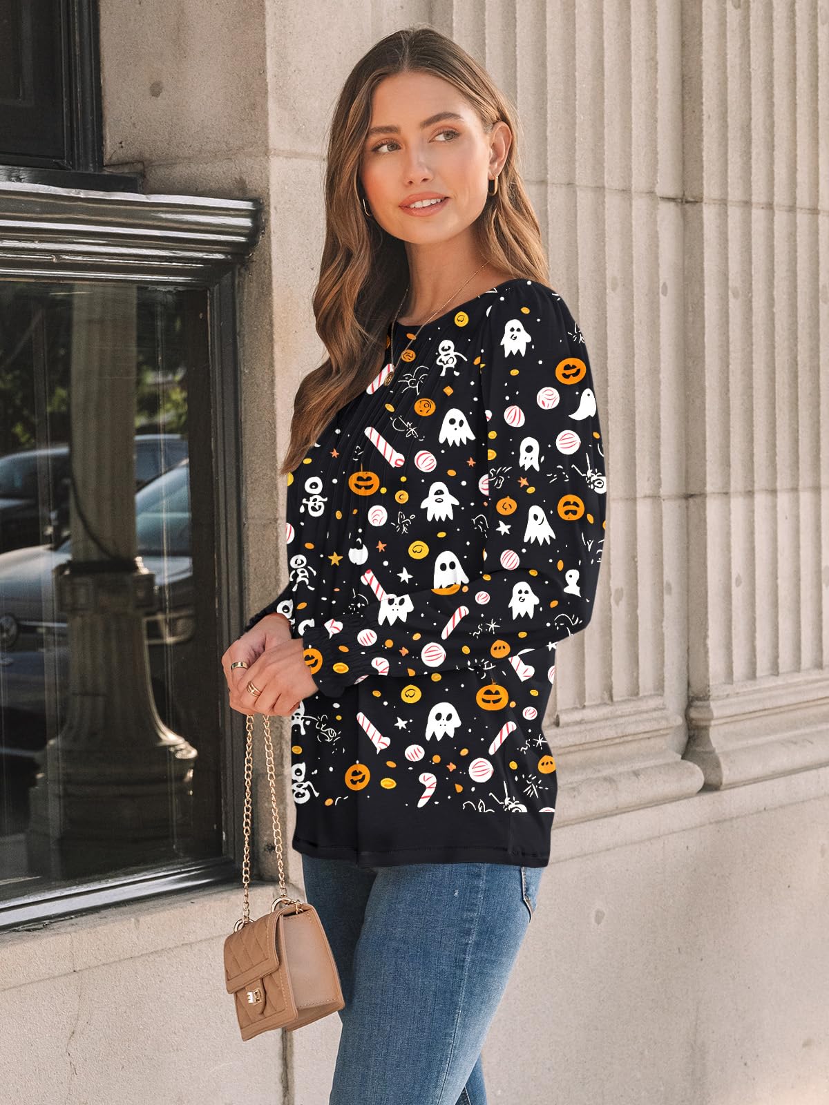 AUTOMET Long Sleeve Shirts Womens Halloween Fall Fashion 2025 Business Casual Tops Womens Trendy Dressy Blouses Cute Work Loose Fit Tee T Tshirts Ladies Tunic Clothes Outfit Clothing Legging Pumpkin