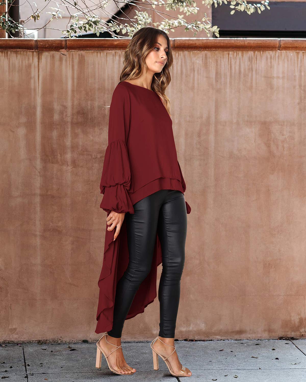 PRETTYGARDEN Women's Lantern Long Sleeve Round Neck High Low Asymmetrical Irregular Hem Casual Tops Blouse Shirt Dress (Wine Red,Large)