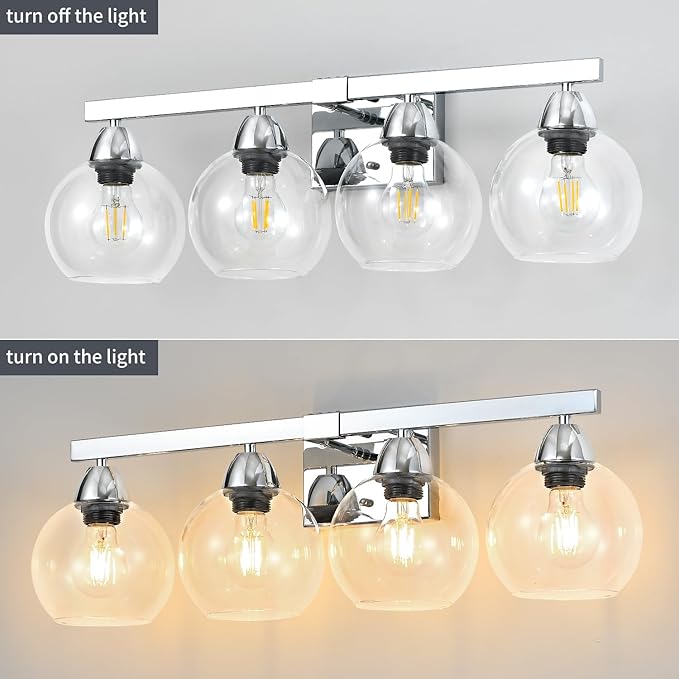 4-Light Bathroom Vanity Light, Silver Wall Sconce with Premium Hand-Crafted Glass, Shatter-Resistant & Enhanced Clarity, Perfect for Mirror, Living Room, Hallway