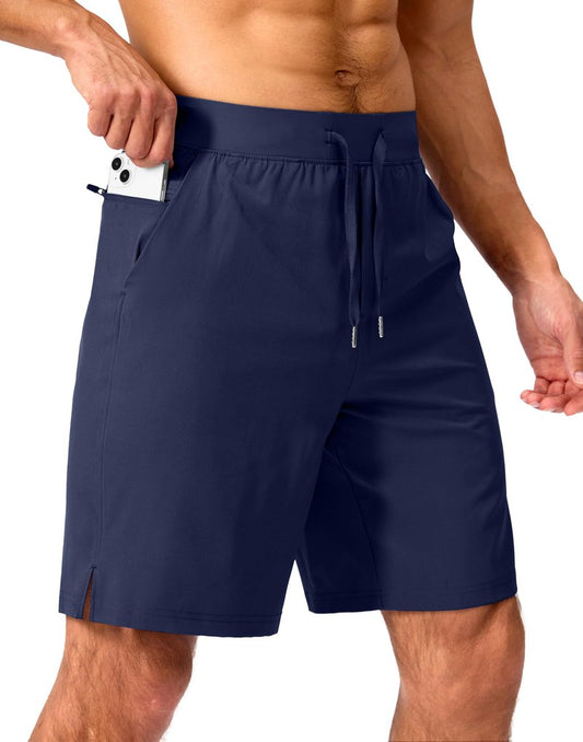 Soothfeel Men's Running Shorts with Zipper Pockets 9 Inch Lightweight Quick Dry Gym Sports Athletic Workout Basketball Shorts for Men (Navy, L)