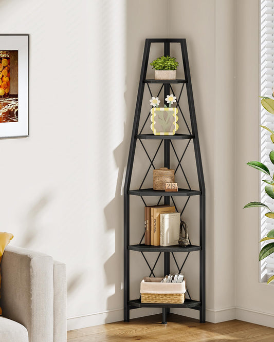 CHOEZON 5-Tier Corner Shelf, Corner Bookshelf, Ladder Shelf, Floor Standing Storage Rack, Open Display Stand, Plant Stand, for Living Room, Bedroom, Study, Bathroom, Black TCJ22BB