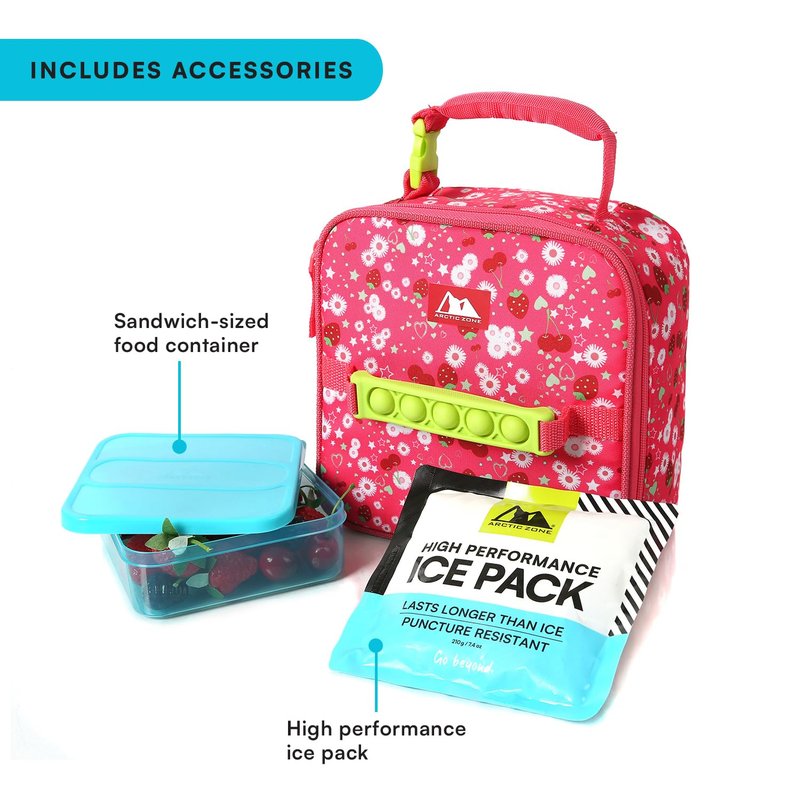 Arctic Zone Kids Lunch Box Combo with Gel Ice Pack and Sandwich Container, Insulated Bag for Travel Lunch, Sensory Fidget Handle, Very Berry Cherry
