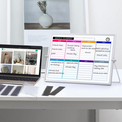 ARCOBIS Dry Erase White Board with Stand, 12" x 16" Weekly Double-Sided Desktop Whiteboard 10 Markers, 4 Magnets, 1 Eraser, Portable Magnetic Dry Erase Calendar for Planning, to Do List, Memo, School