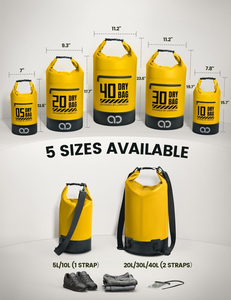 Lamicall Waterproof Dry Bag with Phone Pouch - 5L/10L/20L/30L/40L Floating Roll Top Backpack for Kayaking Boating Beach Camping Fishing - Heavy Duty 500D PVC Marine Dry Sack for Men,Women, Yellow 10L