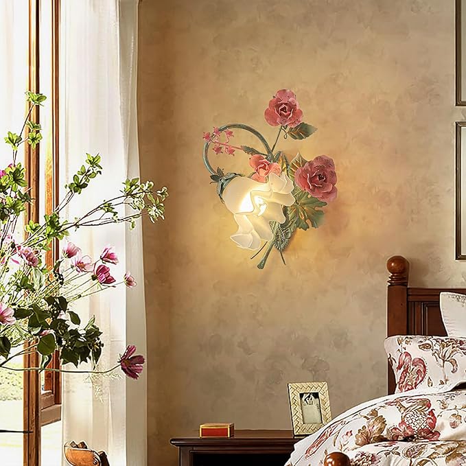 Vintage Floral Wall Sconce,Metal Wall Lamp with Glass Lampshade,Mounted Wall Lights for Bedroom Living Room Corridor Vanity Hallway E26 Wall Art Scones 40 * 40Cm Right