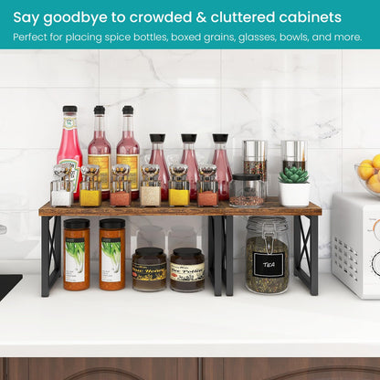 ELITEROO Wood Desktop Shelf, 2 Tier Adjustable Small Bookshelf Organizer, Freestanding Stackable Desk Stand, Storage Organizers, Kitchen Counter Display Rack, Rustic Brown