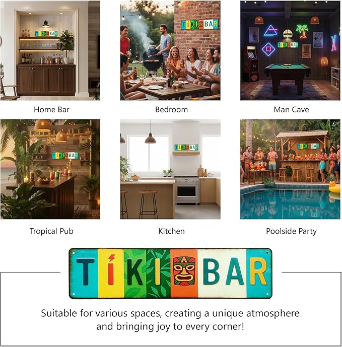 Tiki Bar All-Aluminum Metal Sign – Tropical Wall Decor for Home Bar, Patio, Poolside, Garden, Outdoor Party Decorations – 16 x 4 Inch